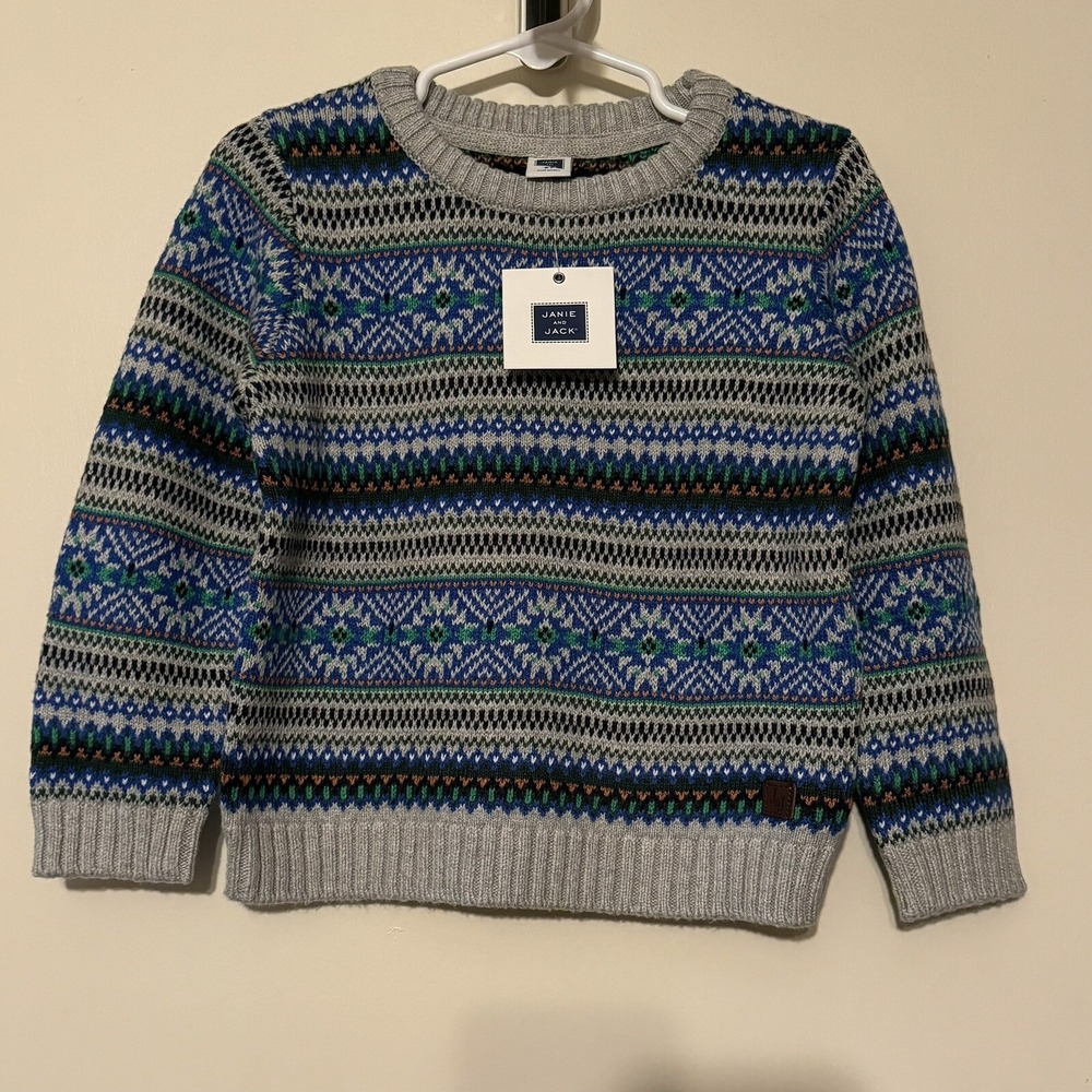 Janie and Jack Boys Fair Isle Sweater Multi Color Blue Gray Knit Pullover 2T NWT
